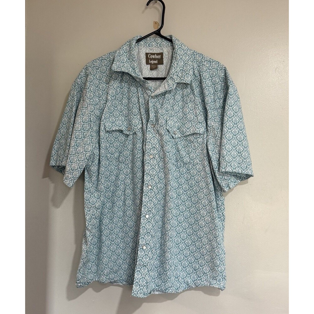 Cowboy Legend Pearl Snap Western Shirt Mens XXL Blue Print Short Sleeve